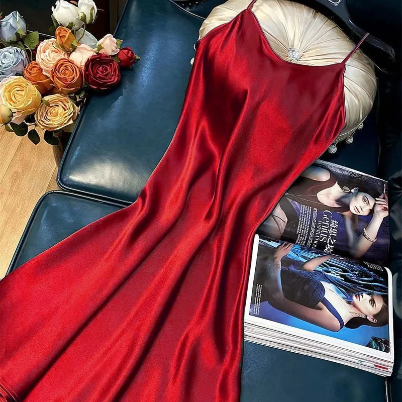 Sexy Woman Clothes Night Dresses Lingerie Dress Nighty for Ladies Pure Color Sling Silk Nightdress Women's Sleeping Sweaters