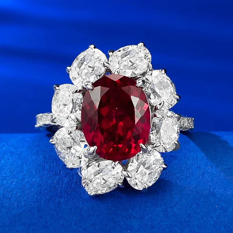 

S925 Silver Ring Set with 8 * 10mm Pigeon Blood Red Zircon Pigeon Egg Fashion Versatile Ring Boutique Jewelry for Women