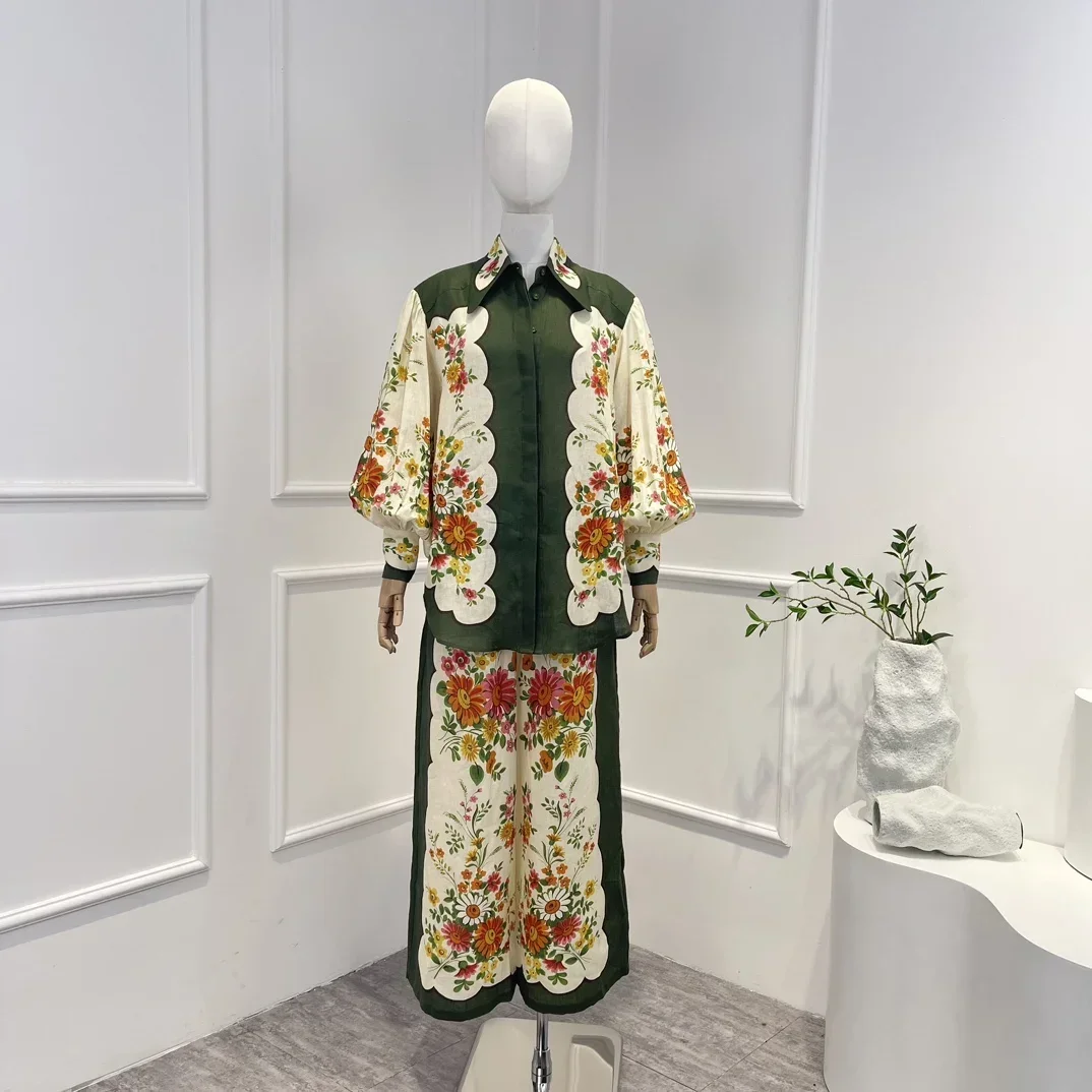 

Green 2023 New Collection High Quality Long Lantern Sleeve Vintage Floral Print Blouse and Loose Wide Leg Pants Set for Woman