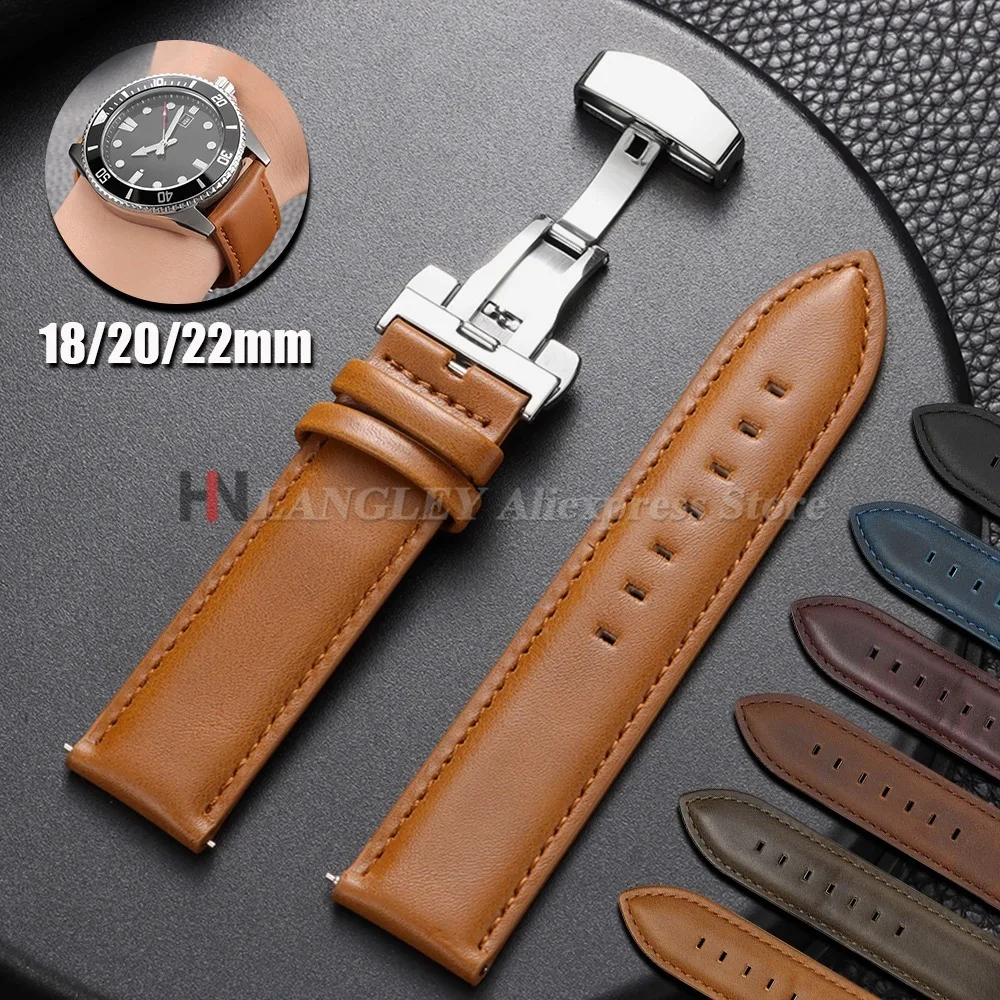 Vintage Genuine Cowhide Leather Watch Band Strap with Butterfly Buckle - Universal Bracelet