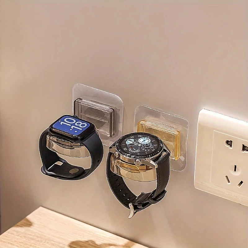No Drill Wall Mount Watch and Jewelry Storage Rack, Clear Plastic, Double Compartmentary Charging Stand, For Apple Watch 5
