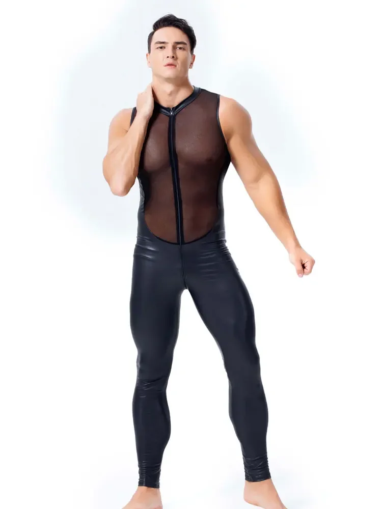 Sexy Mesh Patchwork Men's Jumpsuit Sleeveless Night Club Bodysuit Dance Wear Man Clothing Elastic Tights Exotic Leotard Male