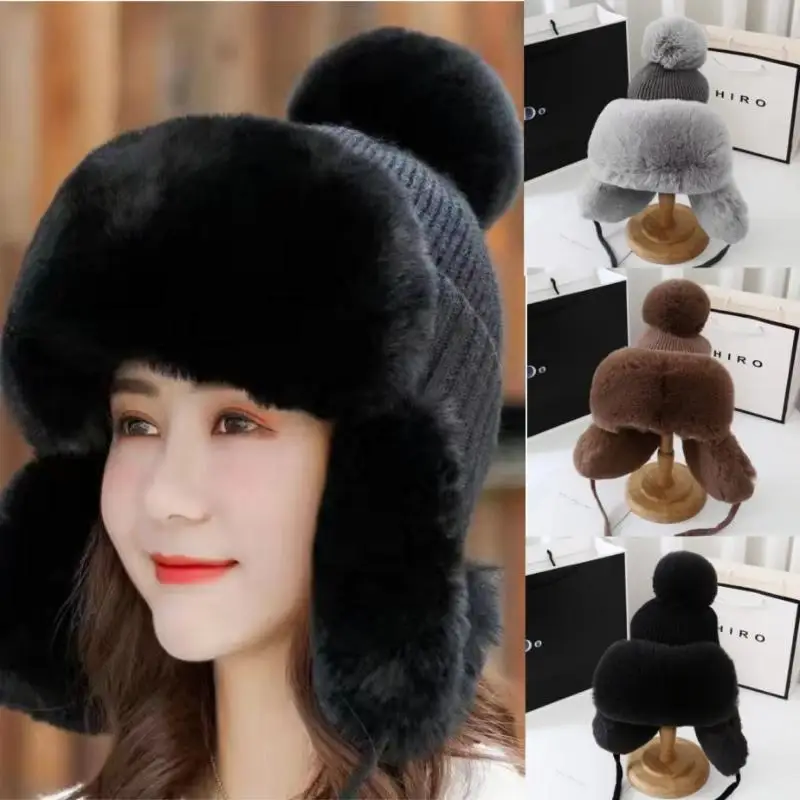 Autumn Winter Women's Trapper Earflap Hat - Thick Warm Fur Pompom Russian Ushanka Beanie Fashion Lei Feng Ski Cap