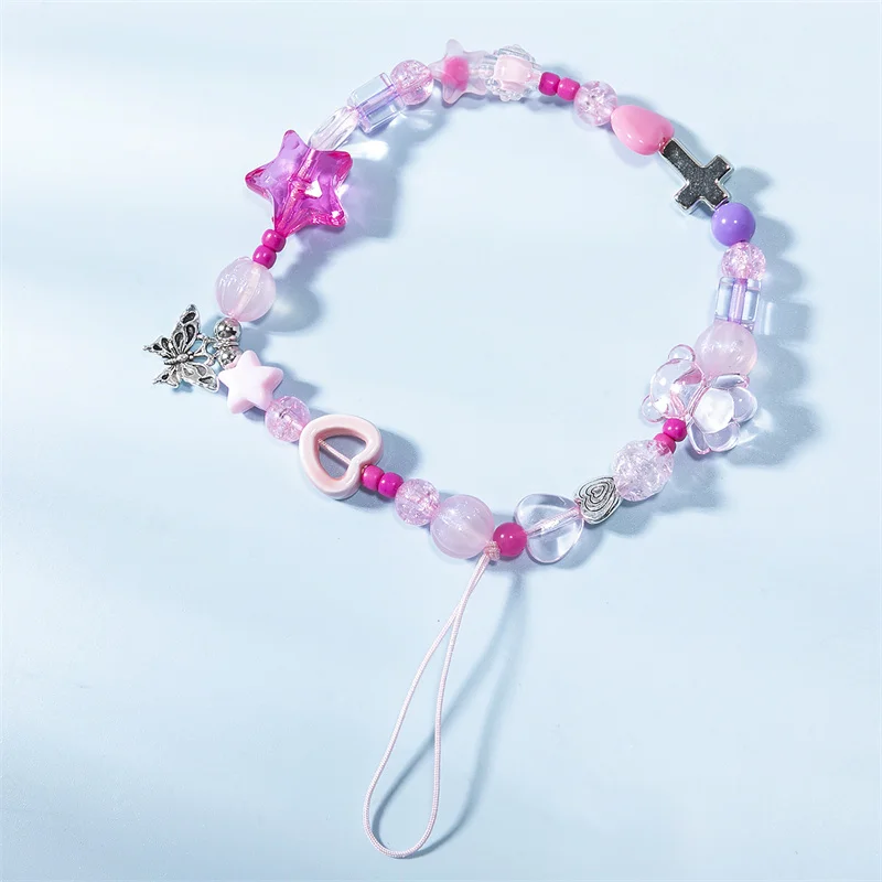 

sansango Spring New Pink Butterfly Bow Beaded Lanyard Wrist Anti-lost Mobile Phone Chain for Women Jewelry Gifts