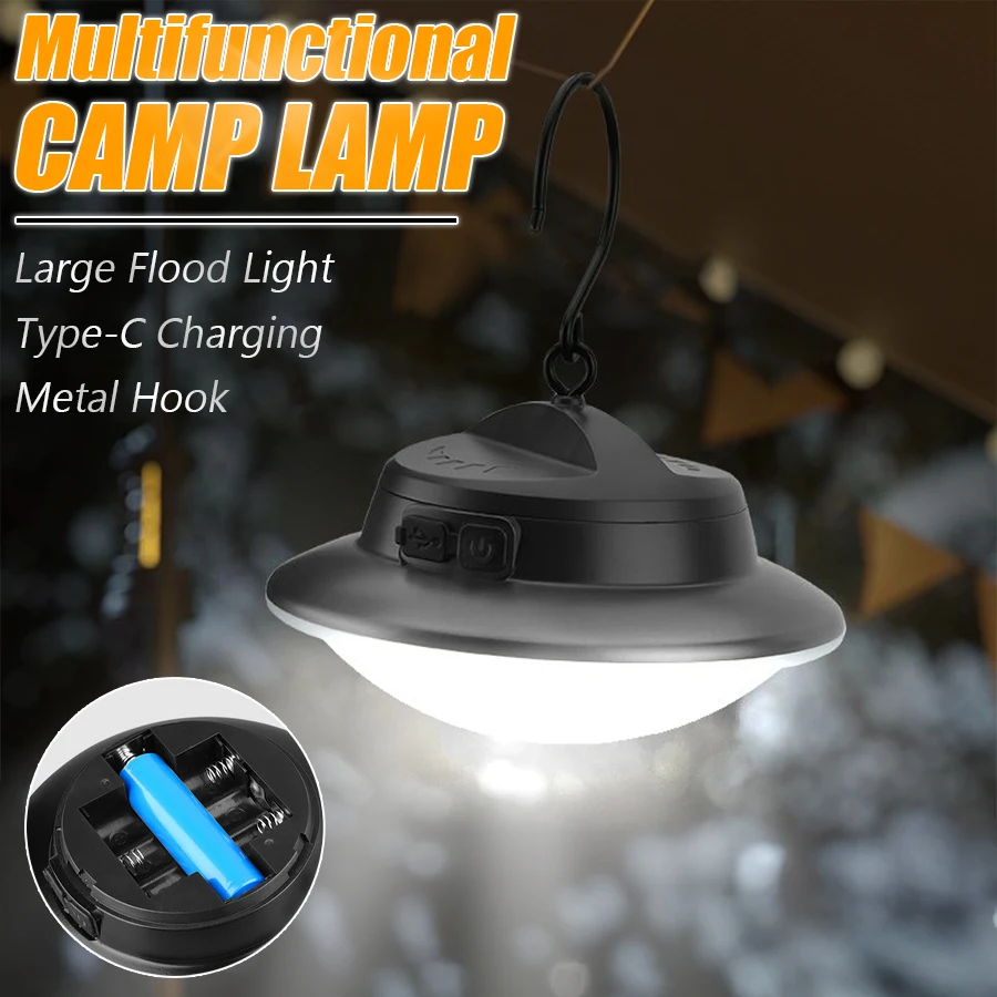 TYPE-C Rechargeable LED Camping Light with 3 Modes Outdoor Waterproof Hanging Lantern Portable Floodlight for Fishing Work Light