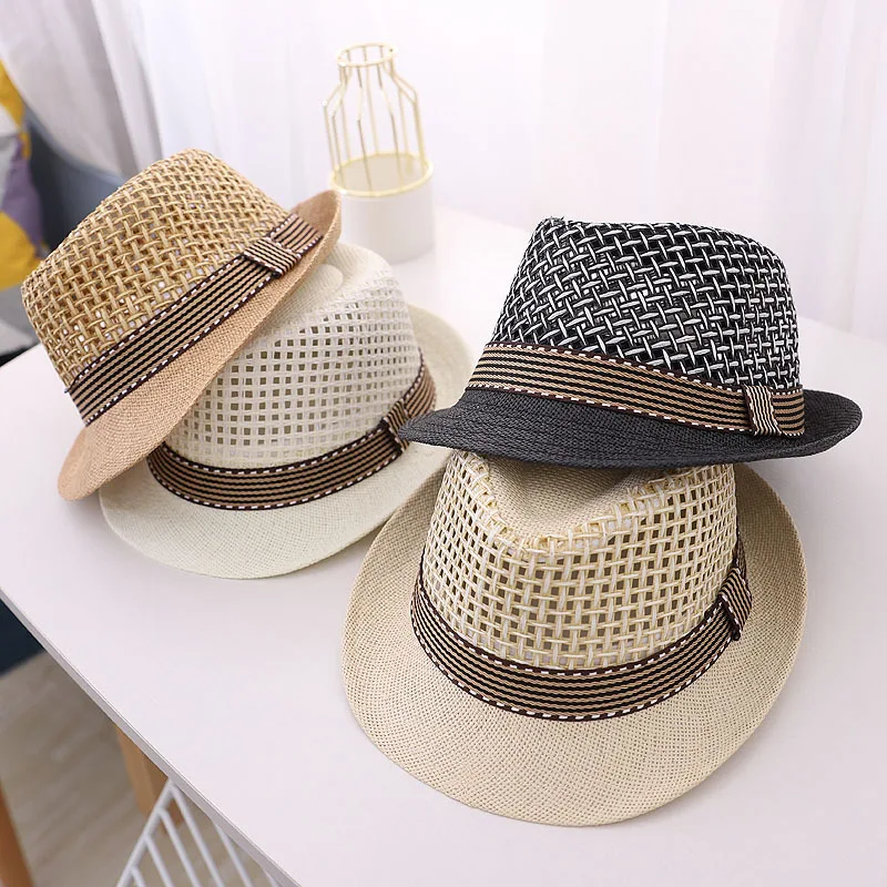 Cappello da spiaggia estivo per bambini in paglia Jazz Panama Baby Boy Cappelli da sole in rete Tinta unita Fedora Nastro Berretto da cowboy per bambini casual_voghion.com