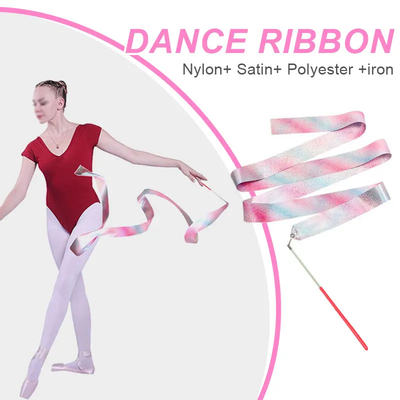 

2M Gradient Pink Flashing Dance Ribbon Rhythmic Gymnastics Ribbon Ballet Streamer Twirling Stick Training Accessories Kids Toys