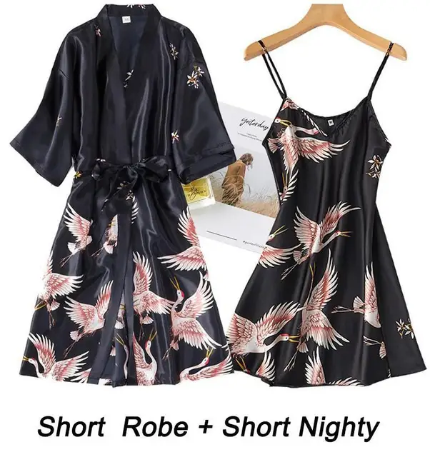 Women Rayon 2PCS Robe Set Bride Bridesmaid Wedding Robe Gown Lace Sexy Kimono Bathrobe Night Dress Casual Nightgown Sleepwear Black Short 5