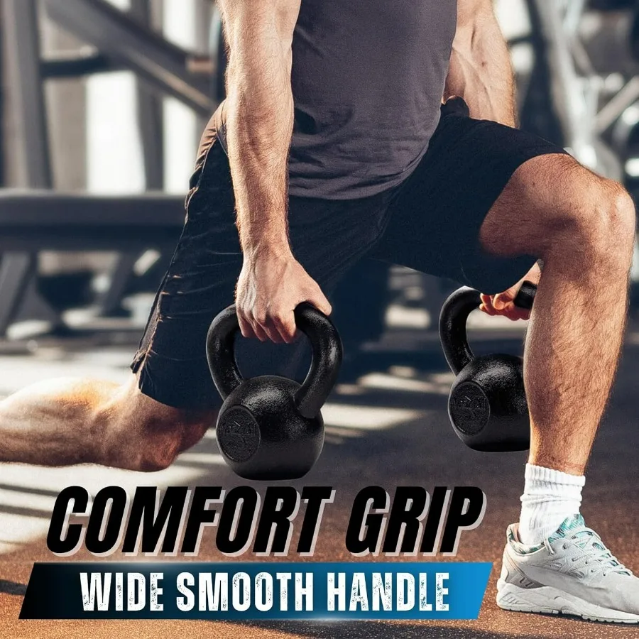 Kettlebell Sets, 5 - 10 - 15 - 20 - 25 - 30 LB Cast Iron Strength Training Kettlebells, Wide Handles & Flat Bottom, Multi-Level