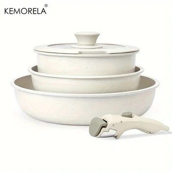 KEMORELA 5pcs White Nonstick Cookware Set with Detachable Handles - Stackable Oven Safe Pots & Pans for Camping and Home Kitchen