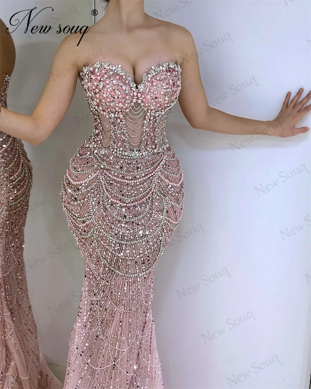 

Haute Coutures Pink Mermaid Evening Dresses Vestidos De Gala Prom Dress Elegant Dubai Beading Pearls Long Cocktail Party Gowns