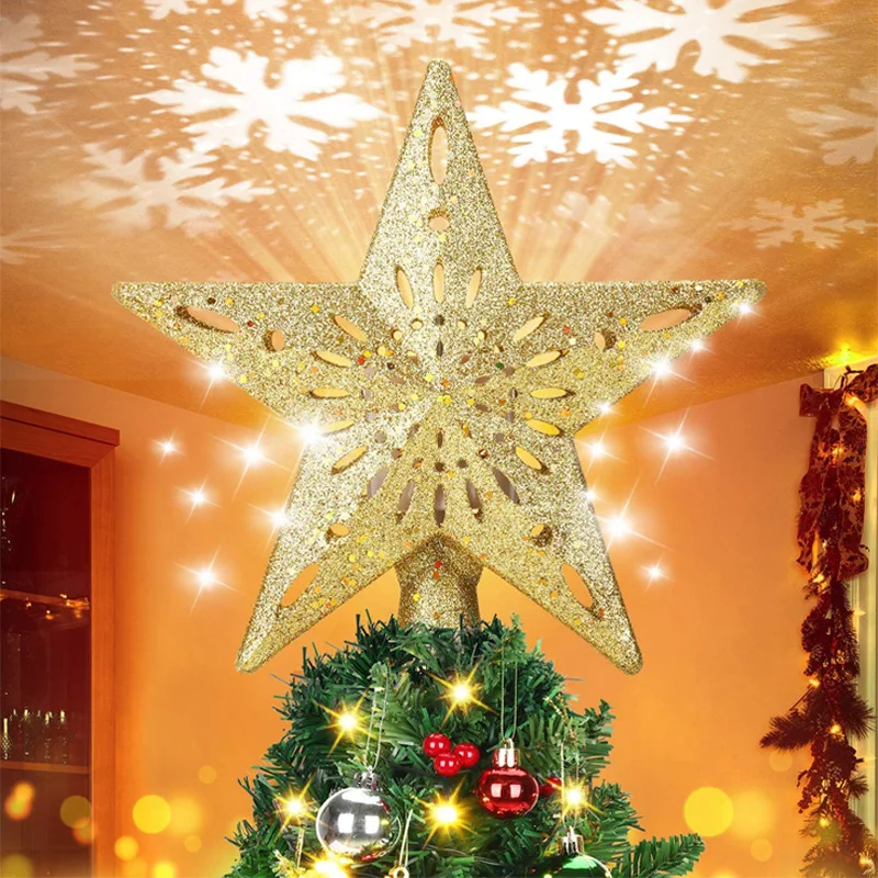 

Christmas Tree Topper Decor Star Shape Snowflake LED Projector Home Xmas Holiday Party Hanging Ornament for New Year 2024