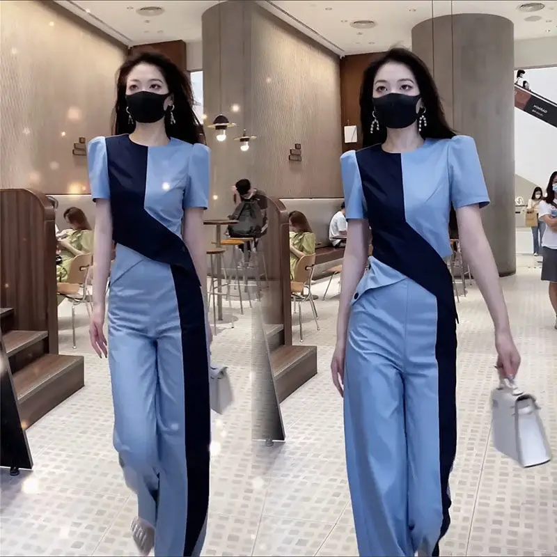 Spliced Fashion Set Women's 2023 Spring/Summer New Round Neck Top High Waist Slim Wide Leg Pants Two Piece Set
