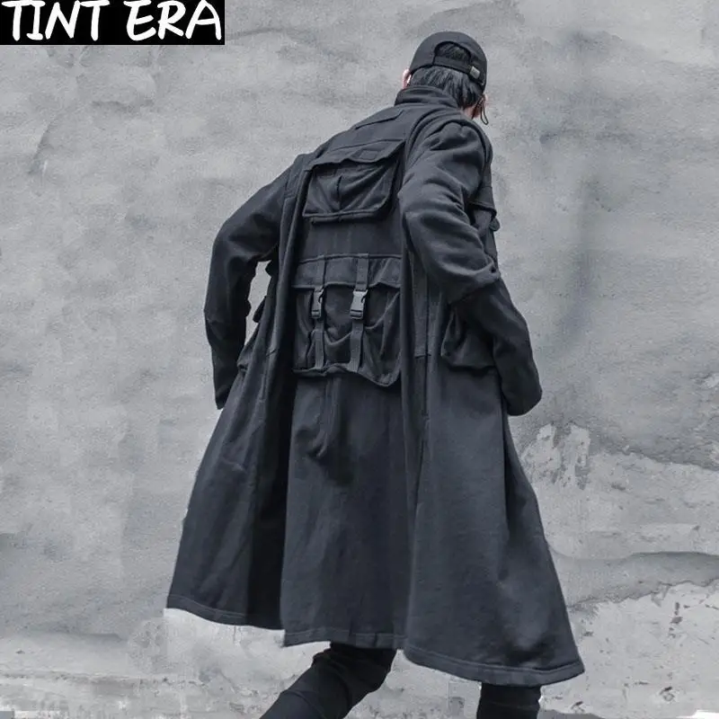 

Куртка Techwear, длинное пальто, кардиган, Мужская Весенняя ветровка, плащ, Черная мужская одежда, уличная одежда в стиле хип-хоп, панк, рейва