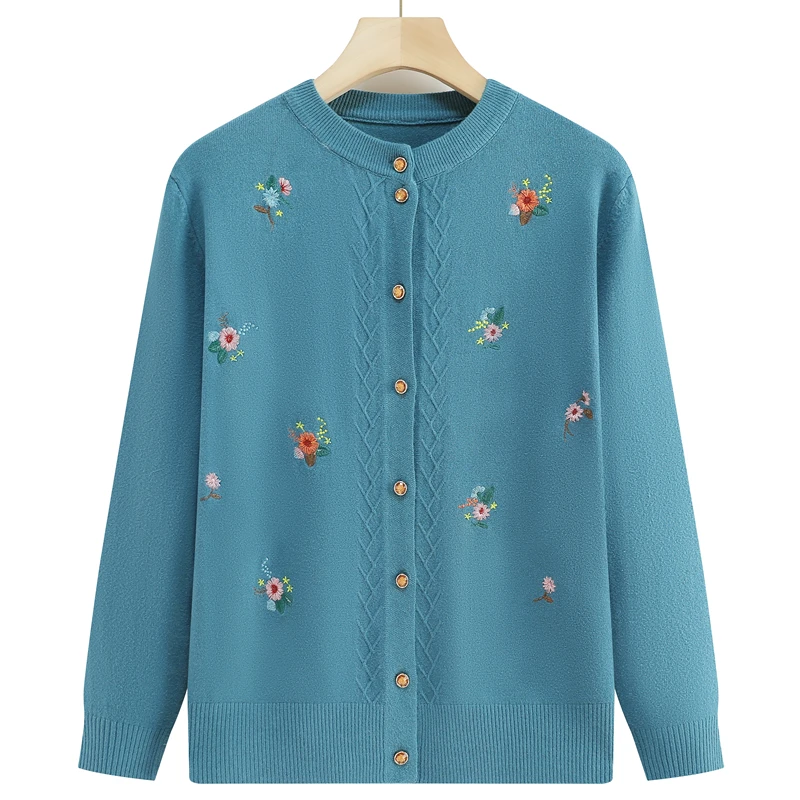 

Knit Cardigan for Middle-aged and Elderly Women's Sweaters, Casual Jacket, Female Tops, Embroidery Sweater, Spring and Autumn