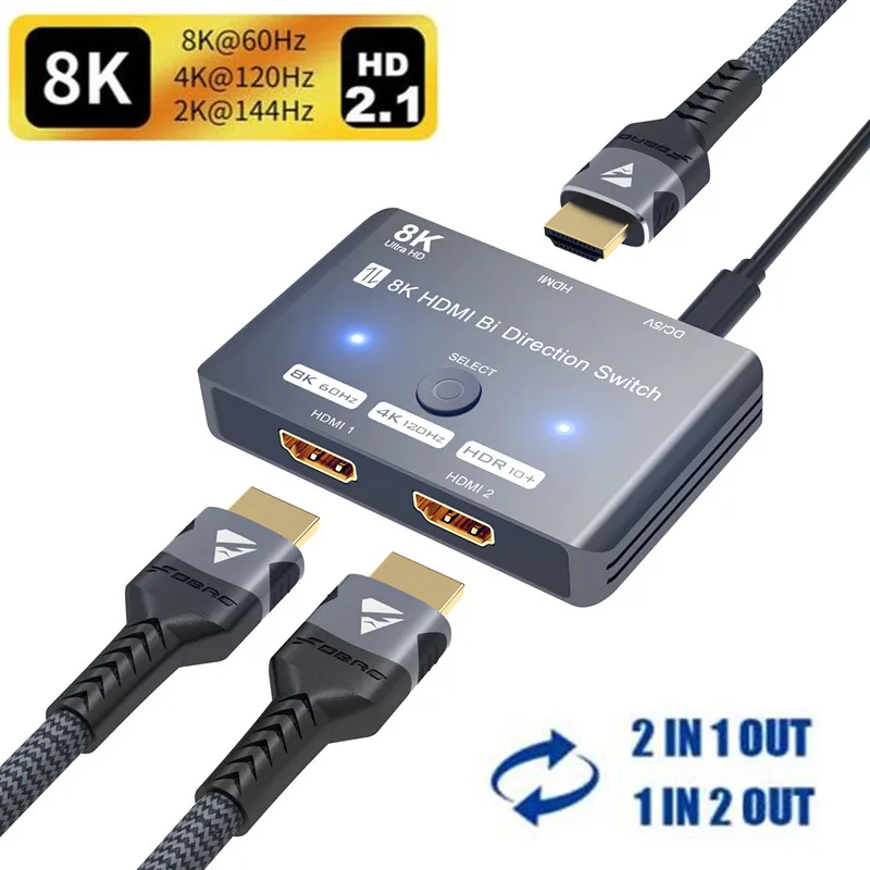 8K@60Hz HDMI 2.1 Bi-Directional Switcher Adapter Splitter 4K@120Hz Compatible 2 in1 out 1in 2 out for PS4 PS5 3080 Switch HD TV