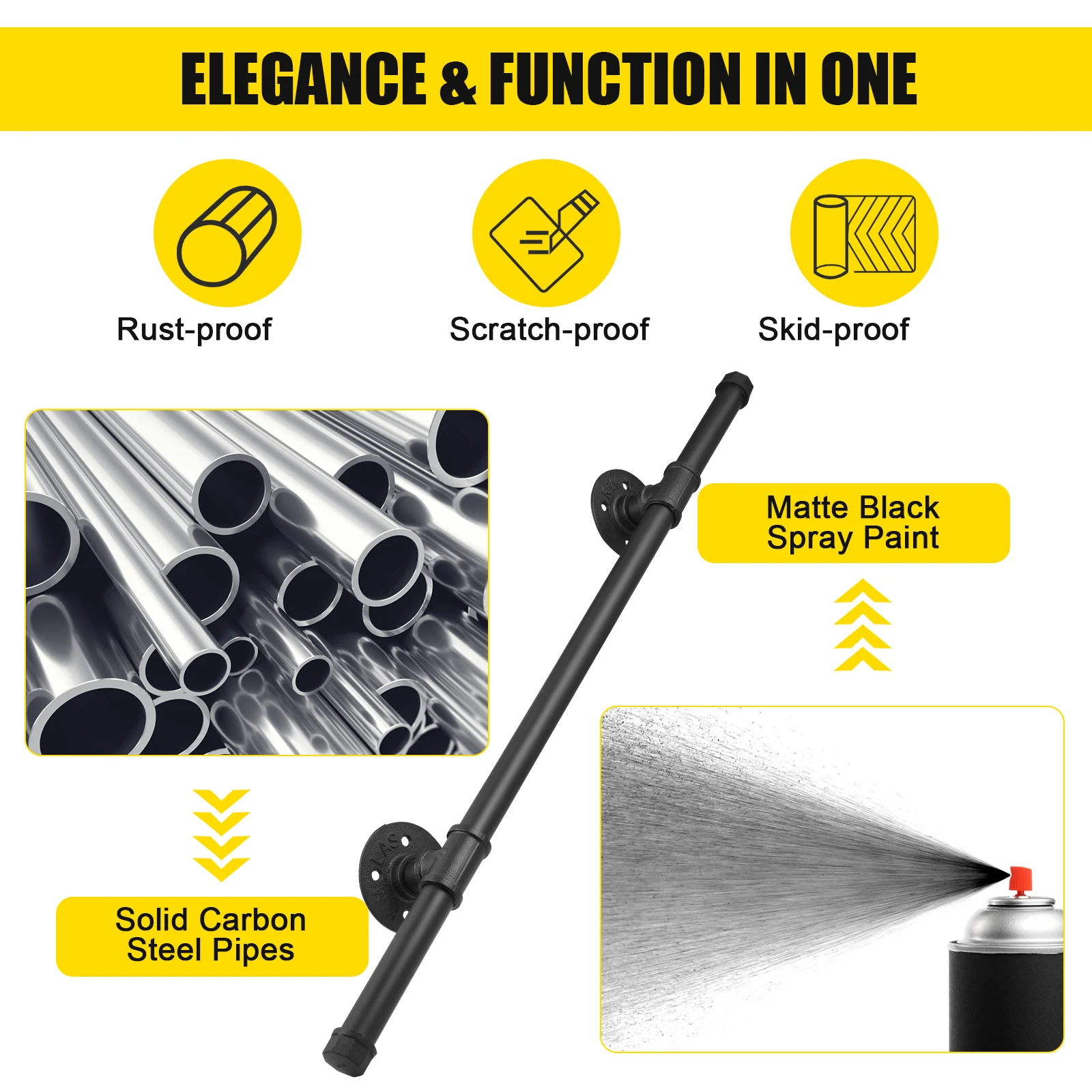 3.3FT Wall Mount Industrial Iron Loft Stair Handrail Stainless Steel Black Pipe Rail Indoor Stairway 110lbs Load Capacity