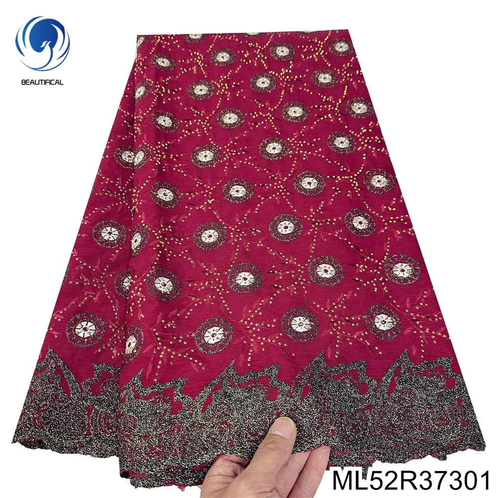 

Nigerian Embroidery Swiss Lace in Stock, African Rhinestones Cotton Fabric for Party Dress, High Quality, ML52R373
