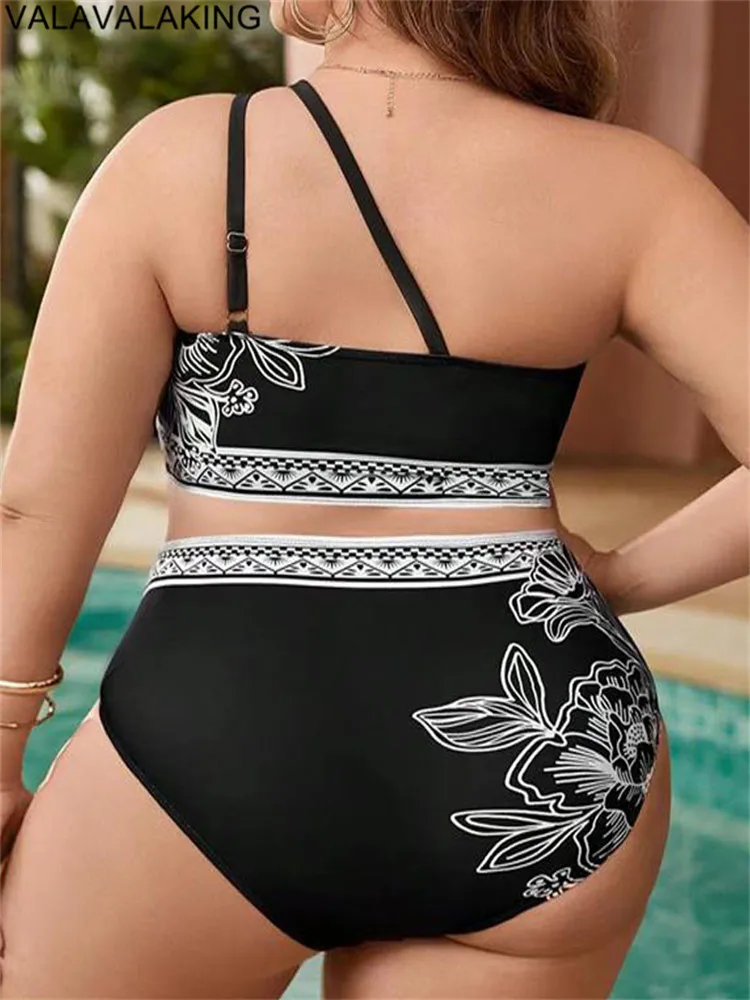 2025 Print One-shoulder Two Piece Plus Size Bikini Women High Waist Large Swimsuit Lady Chubby Swimwear Beach Curvy Bathing Suit 2