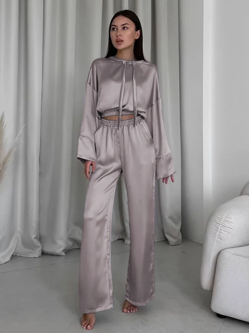 Marthaqiqi Hooded Women Sleepwear Suit Long Sleeve Nightwear Crop Top Nightgowns Wide Leg Pants Fashion Femme Pajama 2 Piece Set
