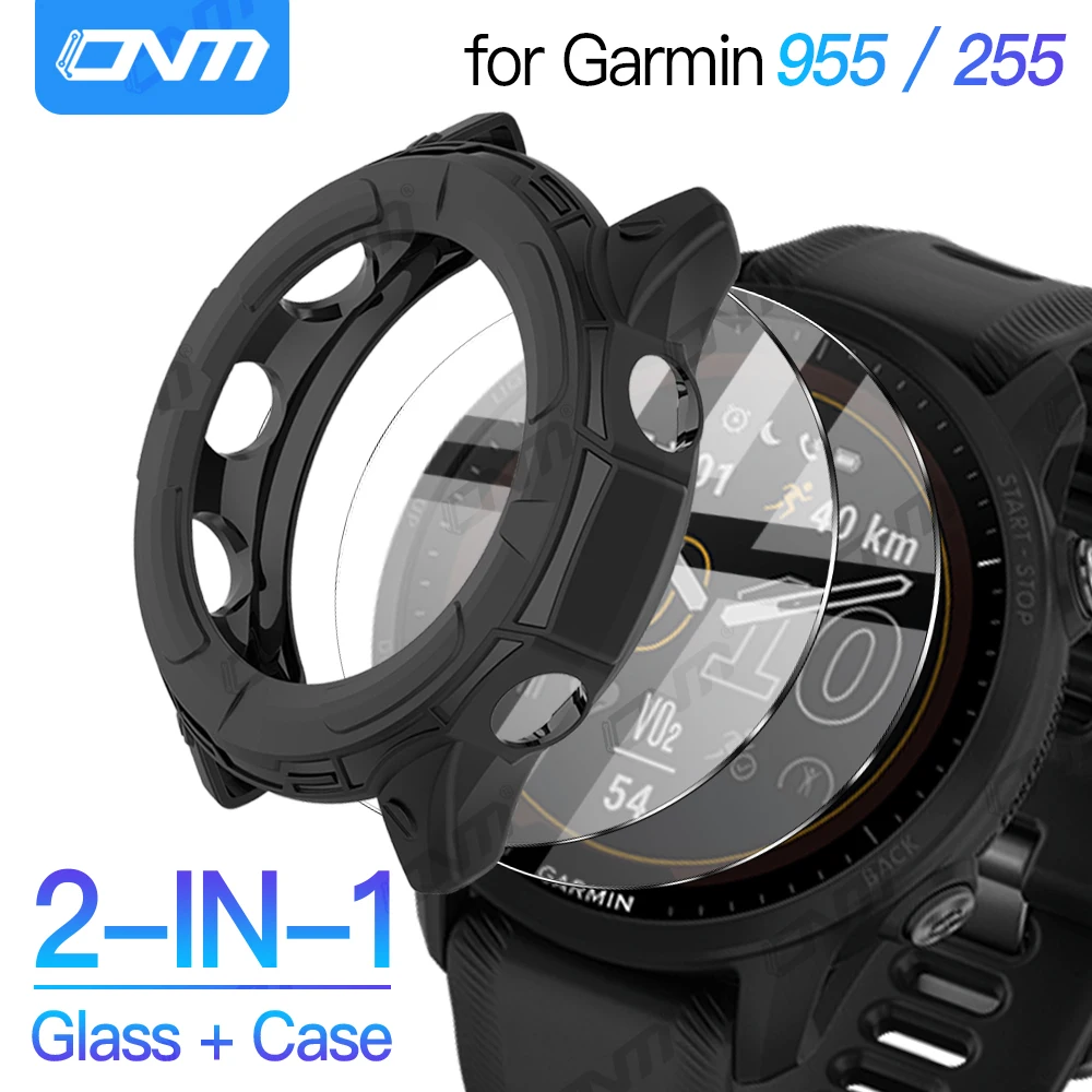 2-IN-1 Case + Tempered Glass for Garmin Forerunner 955 / 255 HD Screen Protector Film & Bumper Protective Cover Accessories 2 in 1 pc case and screen protector for garmin forerunner 945 935 protective film cover hard protective shell tempered glass