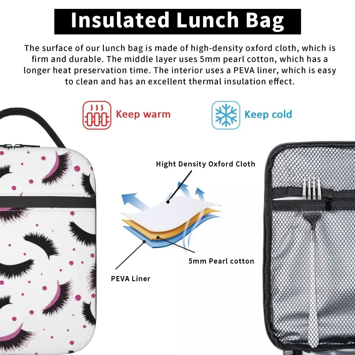 Eyelash Eye Portable Lunch Box Pink Lashes Seamless Pattern With Glitter Thermal Cooler Food Insulated Lunch Bag School Children