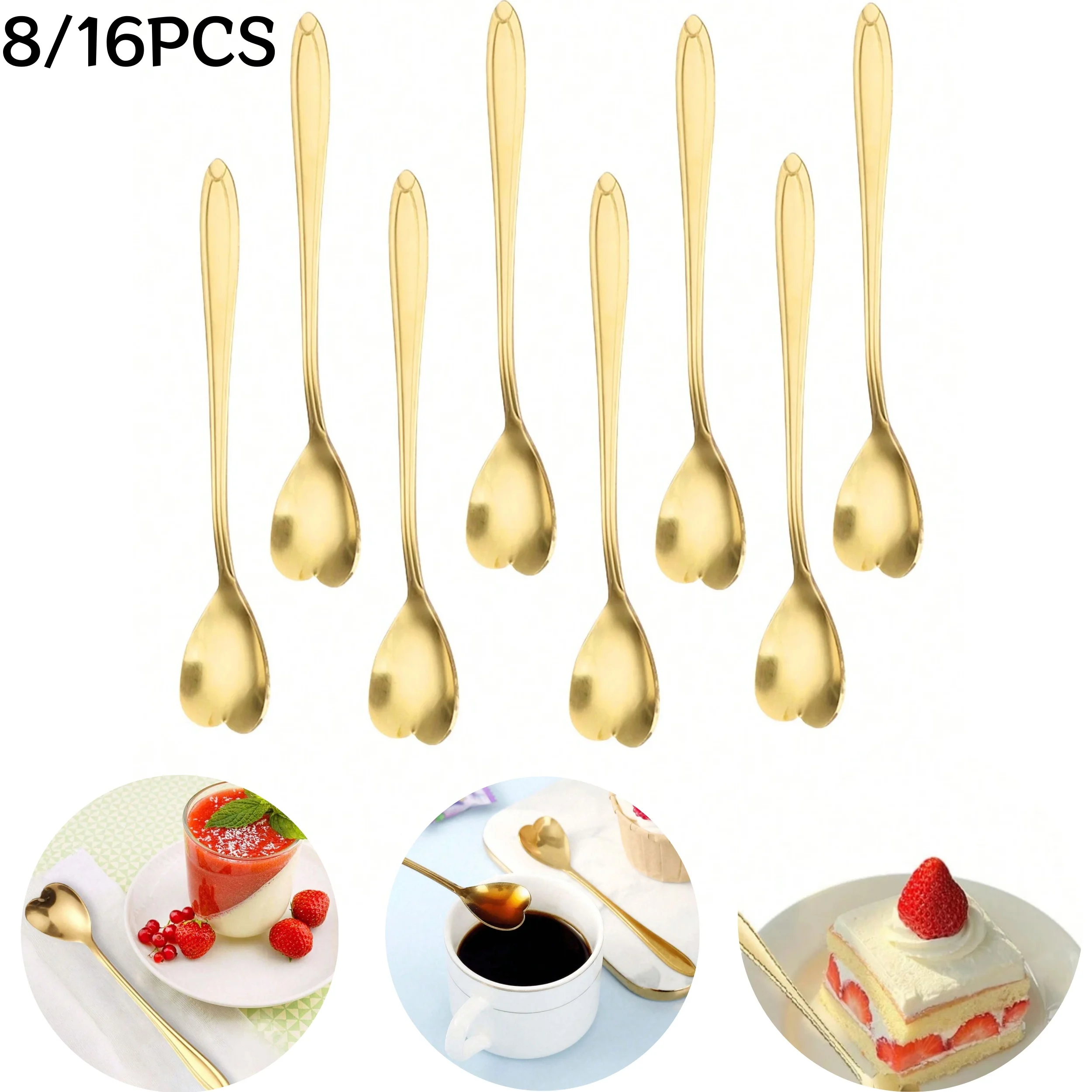Stainless Steel Heart Shape Coffee Spoons Gold Scoop for Dessert Tea Accessories Kitchen Tableware Decoration Gifts Set 8/16Pcs