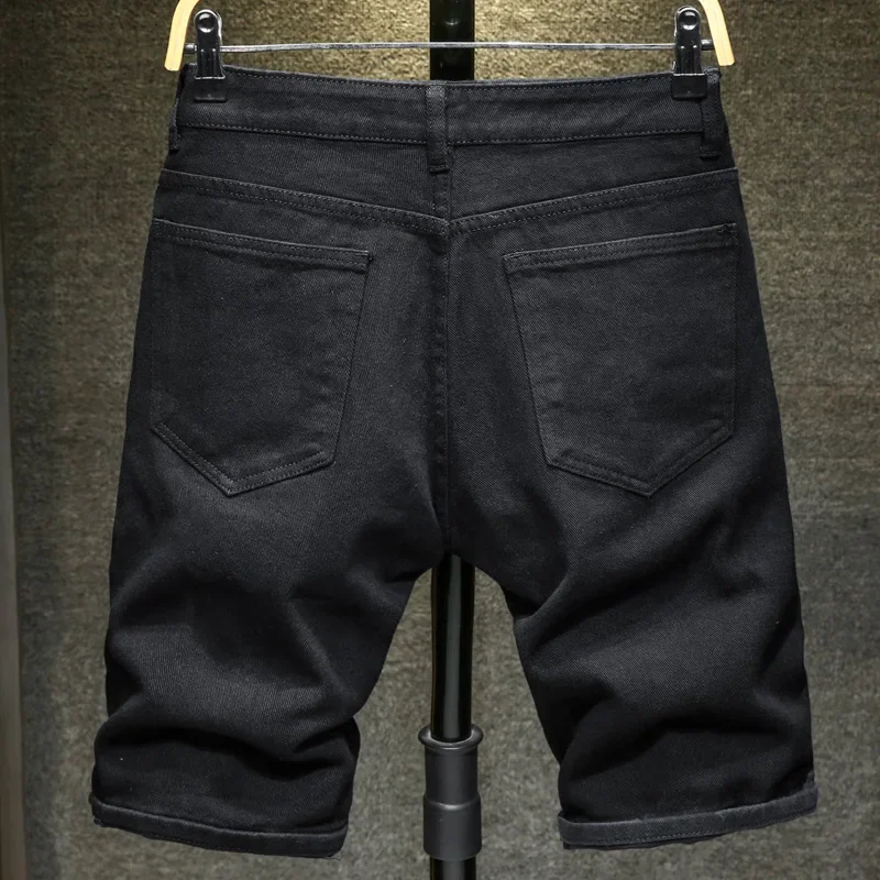 Men's Casual Fashion Straight Denim Shorts Simple Ripped Streetwear Slim Fit Black White