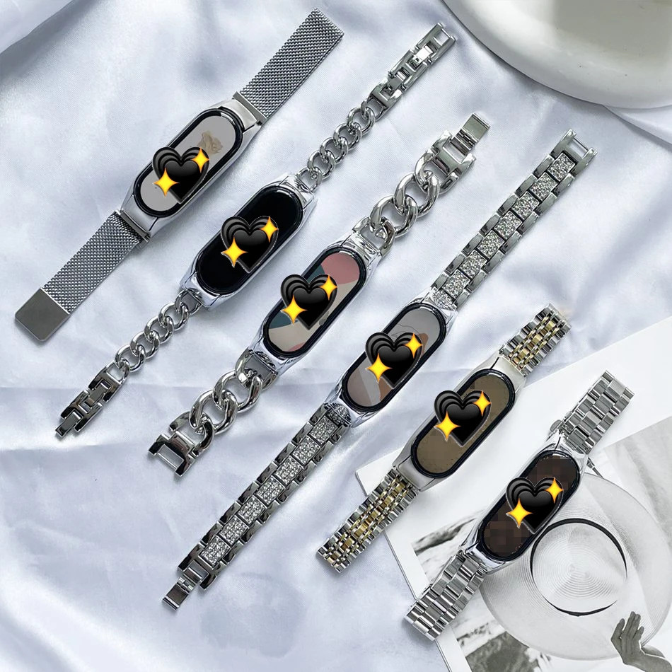 Cinturino Metallico Per Xiaomi Mi Band 8 7 6 5 4 3 Cinturino Per Orologio Fashion Starlight Silver Bracciale Cinturino Di Ricambio In Acciaio Inossida