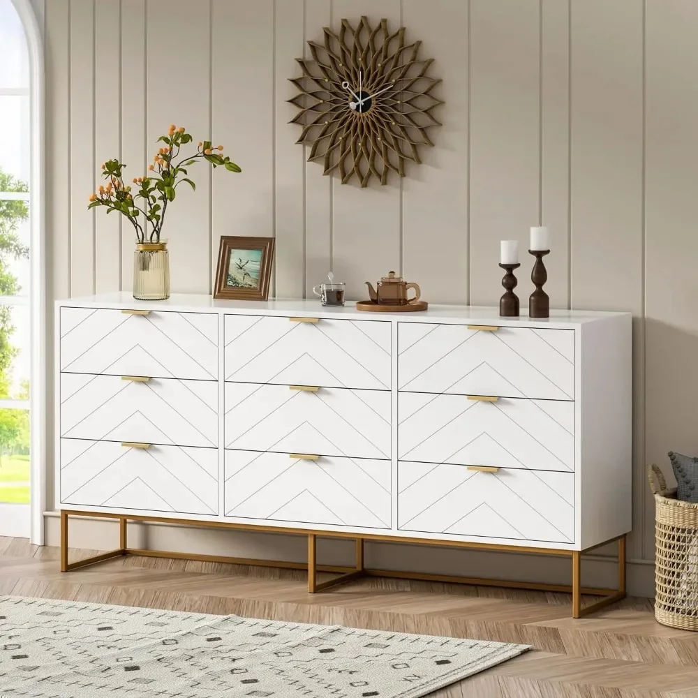 3 / 9 Drawers, Chest of Drawers,Dressers with Storage,Storage Cabinet with Golden Legs for Bedroom, Living Room, White / Black 3