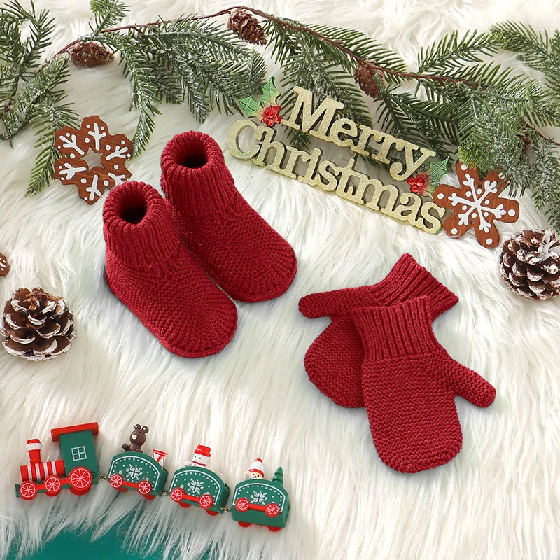 

Christmas Baby Shoes Gloves Set Knit Infant Bed Xmas Boots Mittens Slip-On 0-18M Newborn Girl Boy Clothes Fashion Solid Footwear