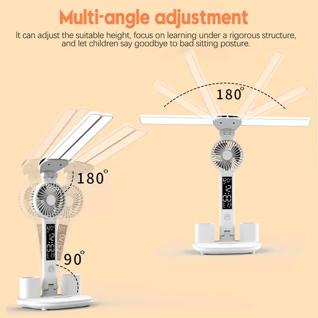 Rechargeable Table Lamp for Study Desk Lamp Reading Light Led Dual Head Table Light with Fan Led Clock Dispaly Reading Lamp 3