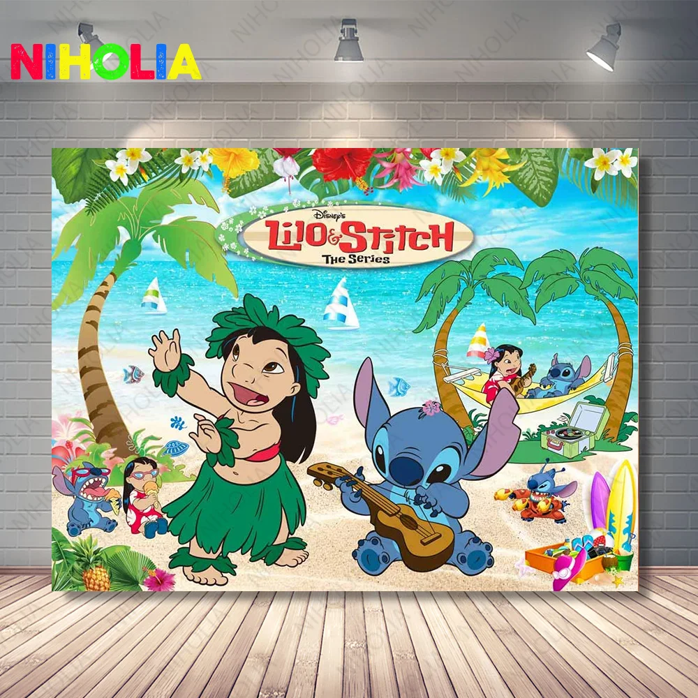Lilo & Stitch Backdrop Kids Birthday Party Photo Decoration Photography Ocean Flower Background Baby Shower Prop Banner