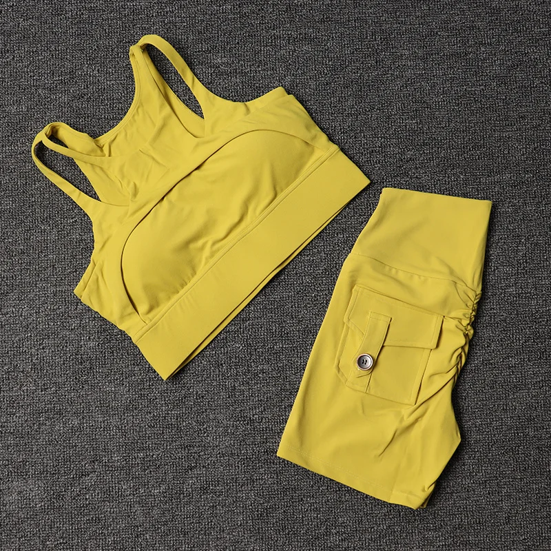 TRY TO BN Fitness Shorts Yoga Sports Bra Sets Women's Tracksuit Sportswear Workout High Waisted Leggings Cycling Gym Suit Pocket