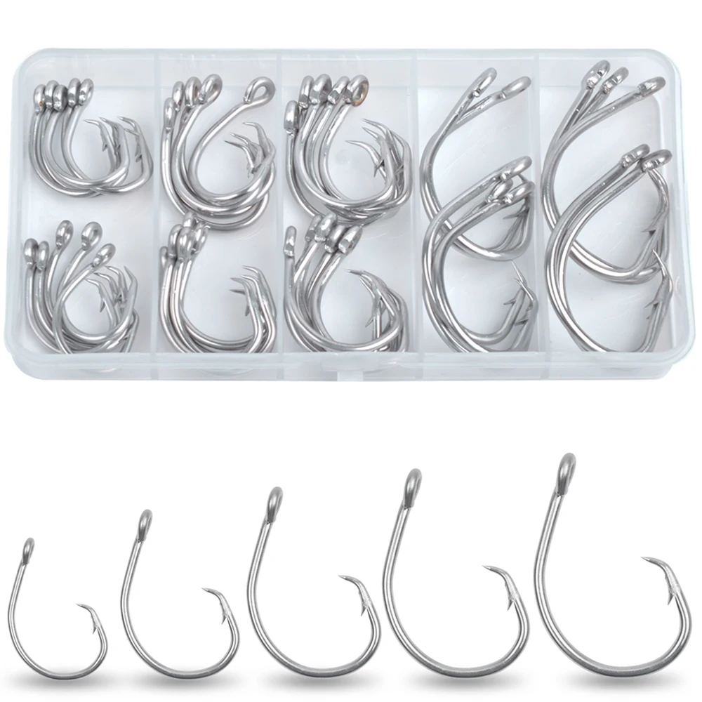 

40Pcs/Box Saltwater Tuna Circle Hooks Stainless Steel Inline Big Game Circle Hooks Short Shank Saltwater 3X Strong Fishing Hooks