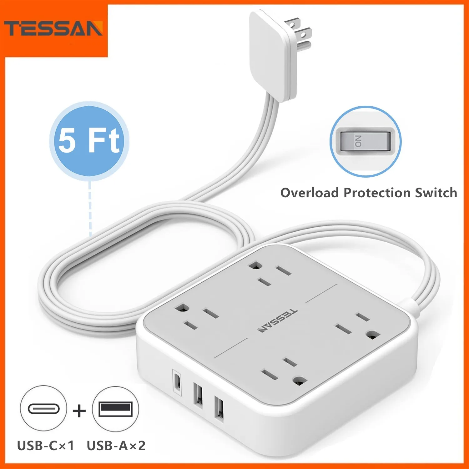 

TESSAN Ultra-Thin Flat Plug Power Strip with 4 Outlets and 3 USB (1 Type C), 7-in-1 US Plug Power Strip with 5ft Extension Cable