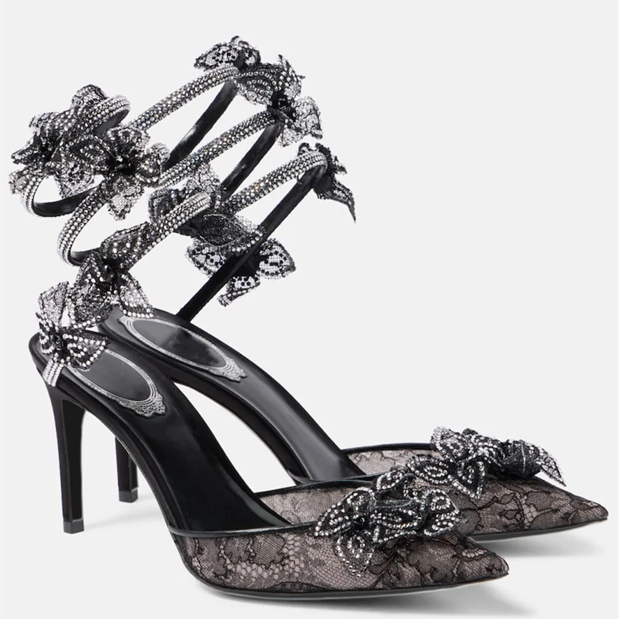 Fashion Mesh Lace Fowers Women Pumps Sandals Sexy Snake Coild Rhinestones Stiletto High heels Summer Autumn Wedding Prom Shoes 2