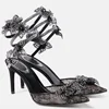 Fashion Mesh Lace Fowers Women Pumps Sandals Sexy Snake Coild Rhinestones Stiletto High heels Summer Autumn Wedding Prom Shoes 2