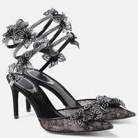 Fashion Mesh Lace Fowers Women Pumps Sandals Sexy Snake Coild Rhinestones Stiletto High heels Summer Autumn Wedding Prom Shoes 2