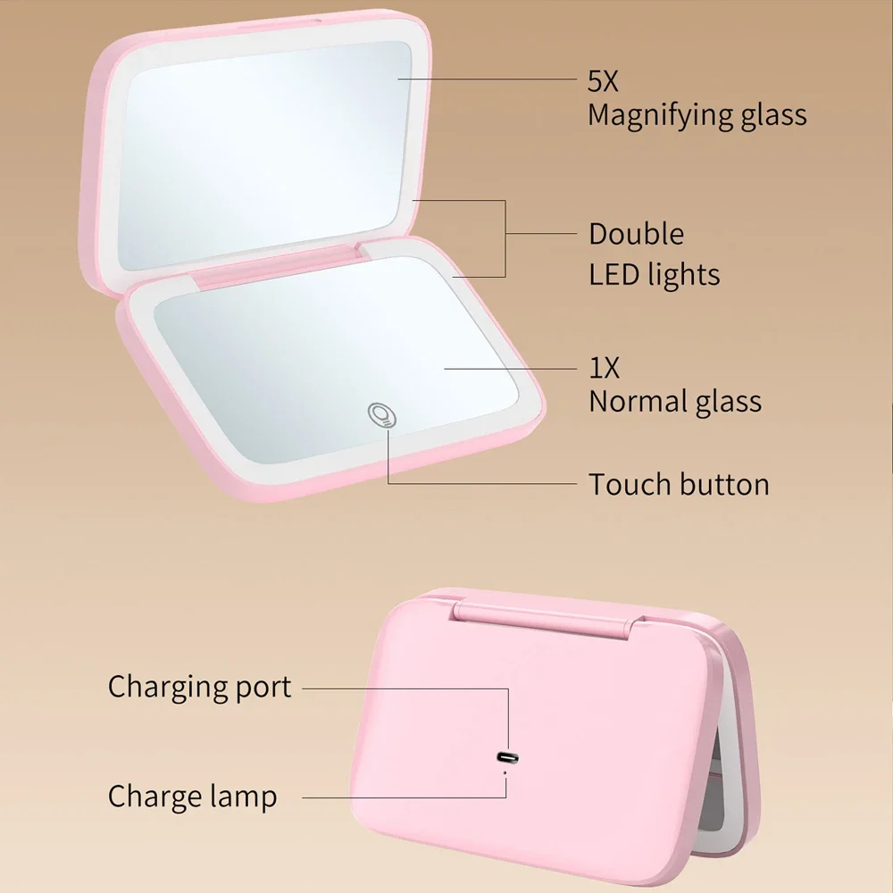 양면 LED 충전식 메이크업 거울, 컴팩트 포켓, 여행용 미적인 화장 거울, 화장품 도구, 5X 확대