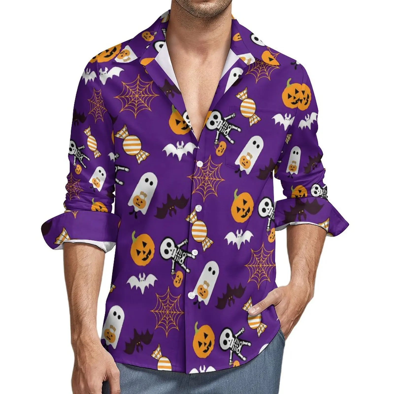 

Cute Ghost Blouse Men Halloween Pumpkin Spooky Shirt Long Sleeve Vintage Harajuku Casual Shirts Spring Graphic Clothes Plus Size