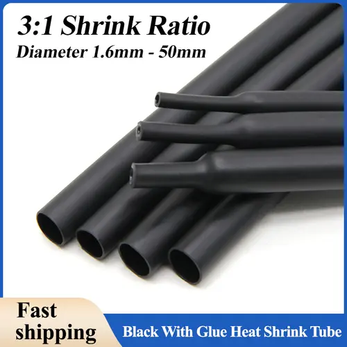 3:1 Black With Glue Heat Shrink Tube Dual Wall Tubing 1.6 ~ 50mm Diameter Polyolefin Insulated Adhesive Lined Shrink Wrap Sleeve