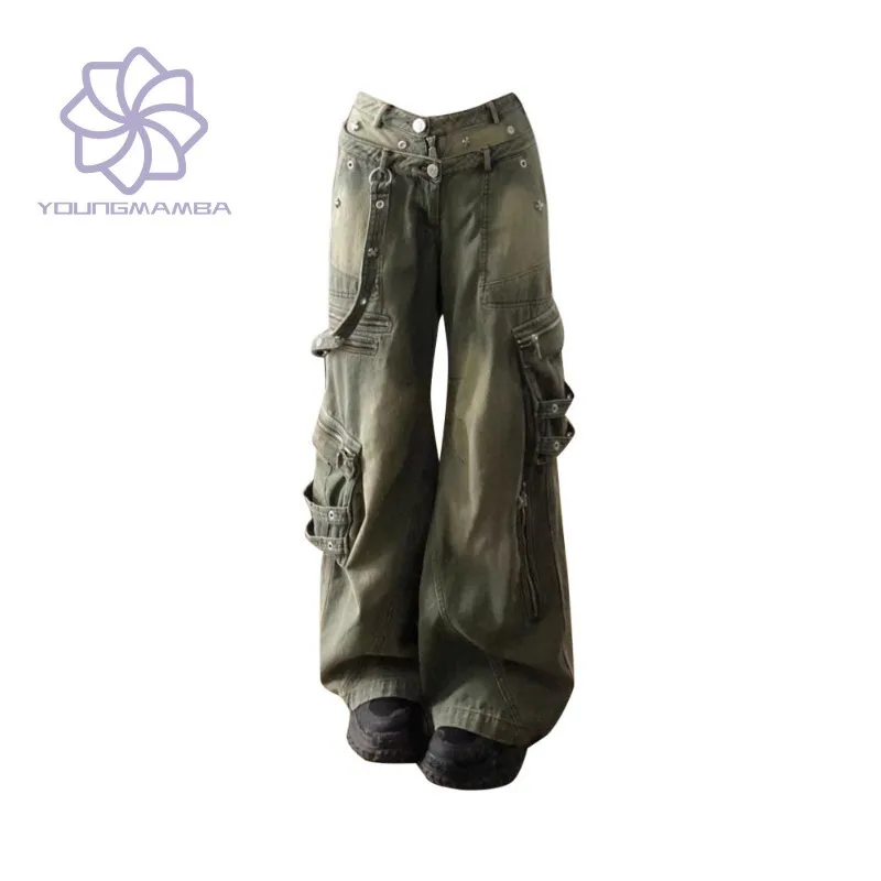 

High Street Pockets Loose Jeans Women 2023 New Streetwear Women's Trouser American Washed Wide Leg Denim Pants