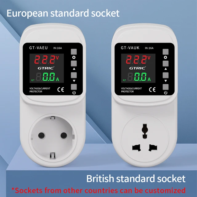 GTRIC Over Under Voltage Protector EU/UK Plug 16A 220V AC Self-Resetting Over Under Voltage Adjustable Current Protection Socket 2