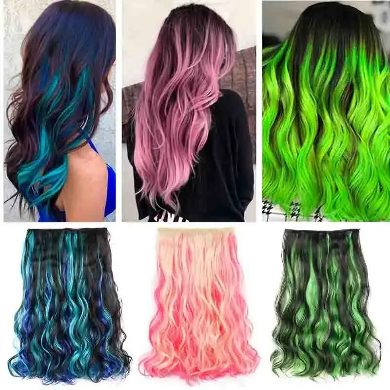One Piece Clip Hair 5 Clip Color Highlight Long Wavy Hair Piece Seamless Extension 18 Inches Halloween Christmas