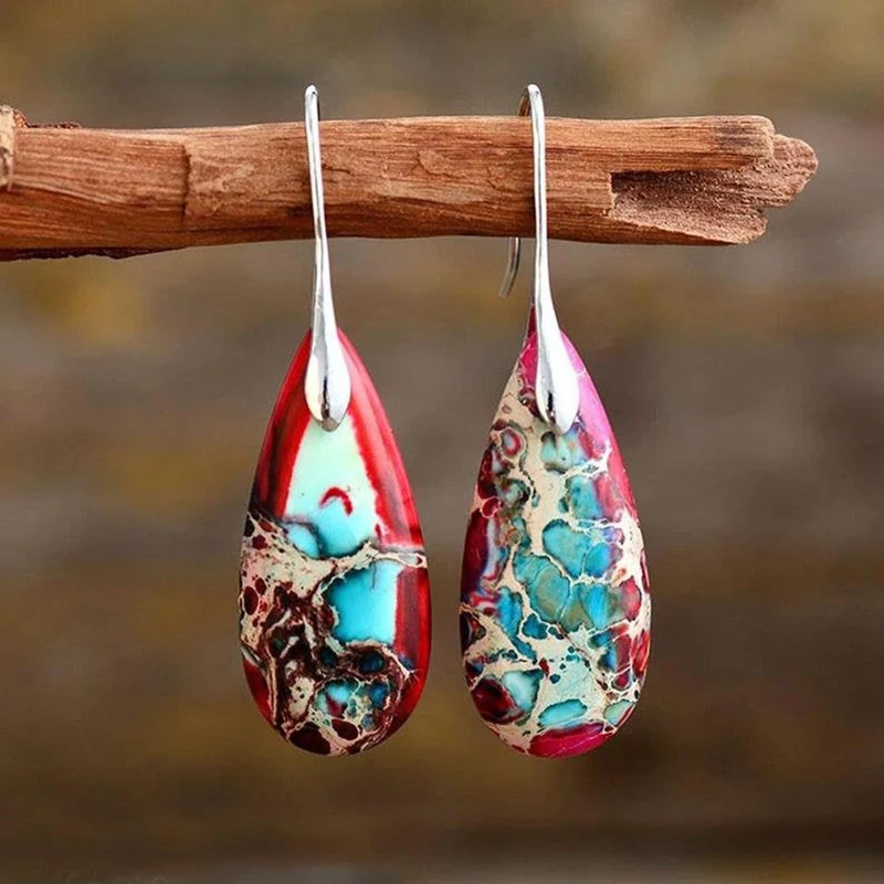 Boho Real Imperial Jasper Orecchini Pendenti Waterdrop Gemstone Jasper Ciondola L'Orecchino Per I Regali Dei Monili Delle Donne Dropshipping