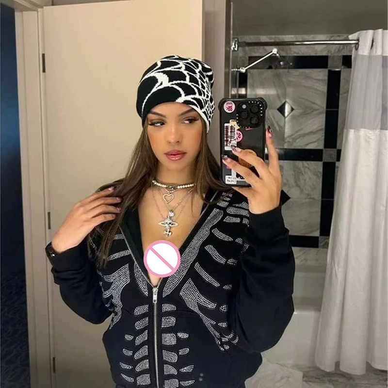 

Punk Knitting Spider Web Design Hat for Men Women Pullover Pile Cap Y2k Gothic Wool knit Warm Beanie Hats New Hip-hop Street Cap
