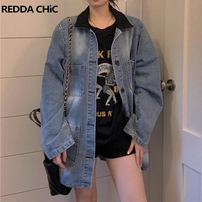 

Женская джинсовая куртка в стиле ретро ReddaChic, голубая джинсовая куртка в стиле пэчворк с длинными рукавами, уличная одежда в стиле ретро 90-х годов, Y2k