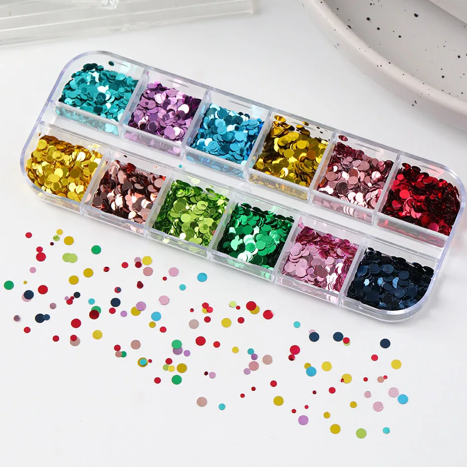 Colorful Polka Dots Nail Glitter Flakes - Shiny Metallic Circle Nail Sequins 12 Grids Set