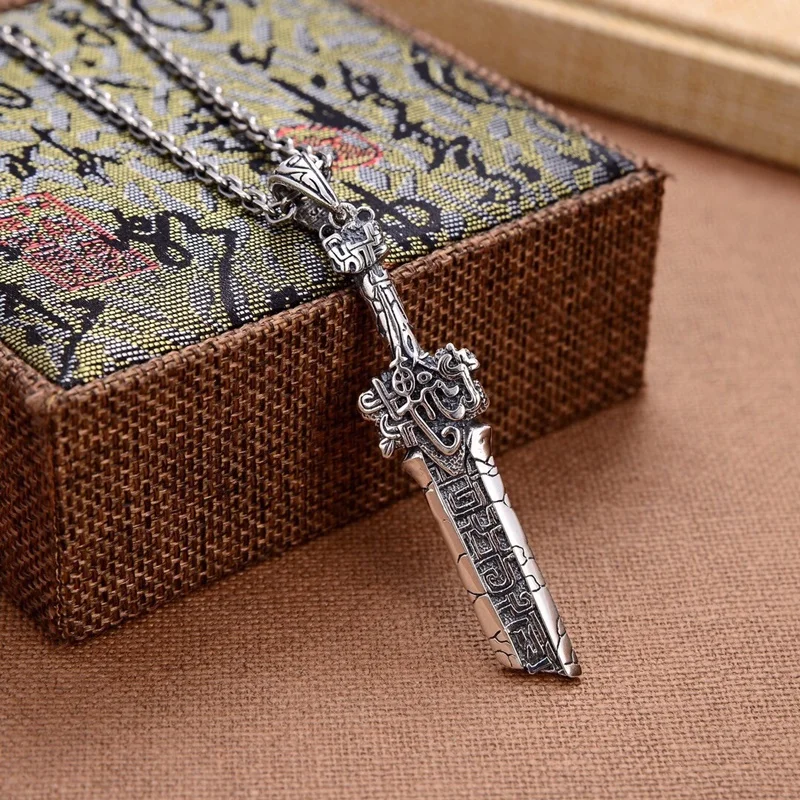 QEENKISS 925 Sterling Silver Necklace Pendant For Women Men Vintage Broken Sword Sweater Pendant Fine Jewelry Party Gift PT611